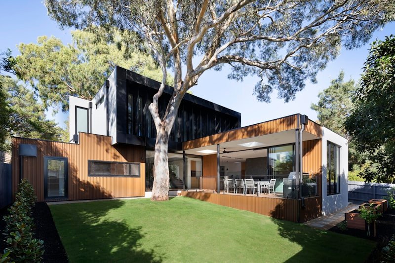 The house by day, dark timber against the lawn and the old tree.